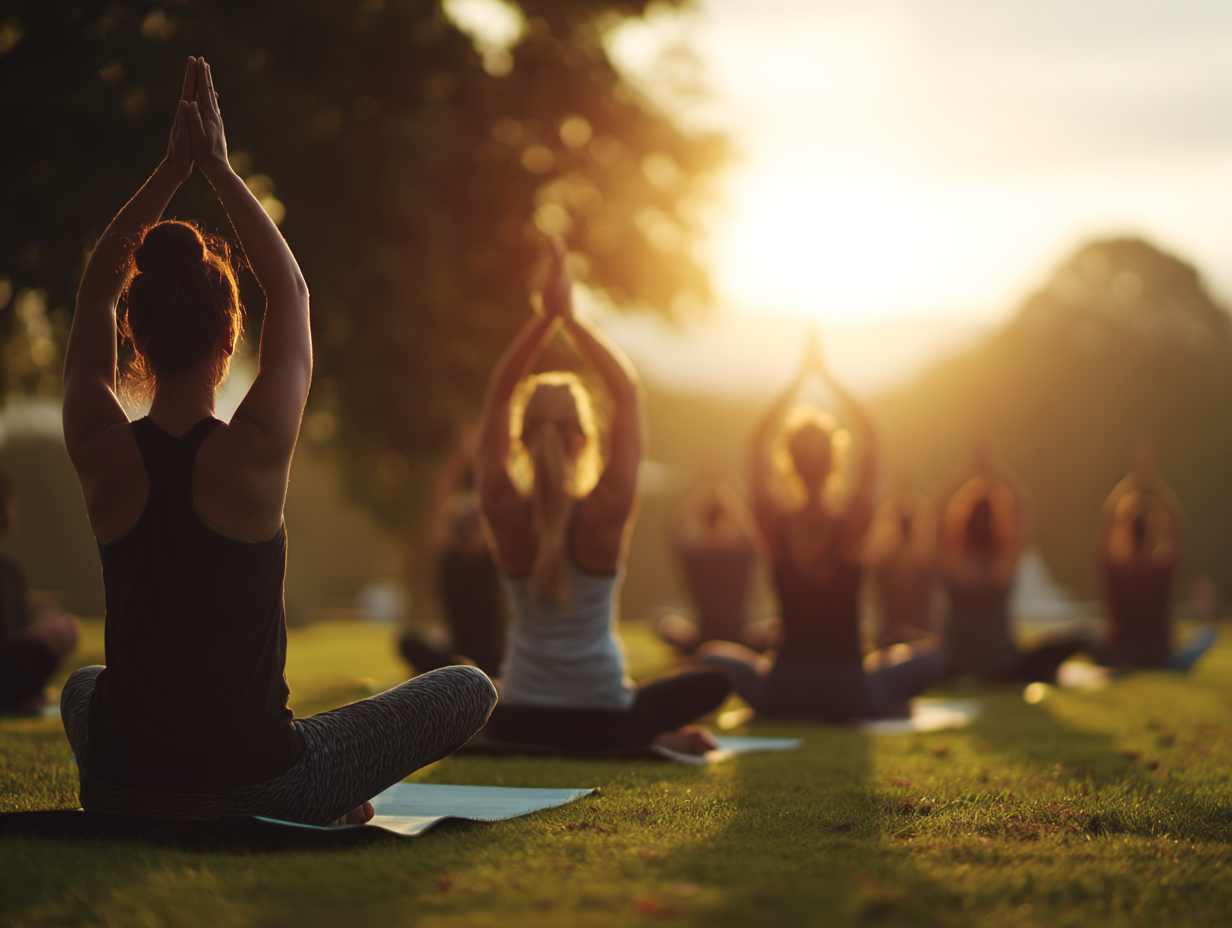 Practicant yoga în poziție de echilibru în natură