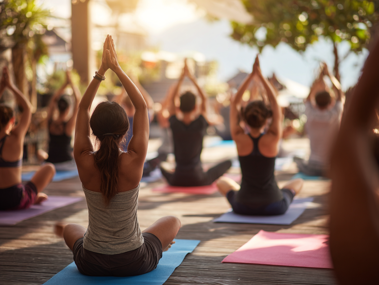 Grup de practică yoga în natură la răsărit