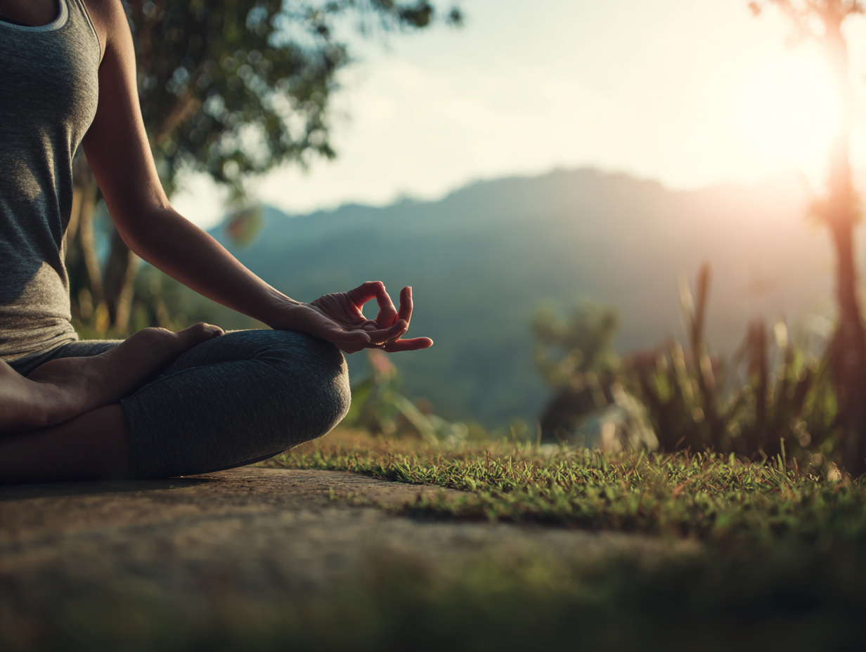 Persoană practicând yoga stretch în natură
